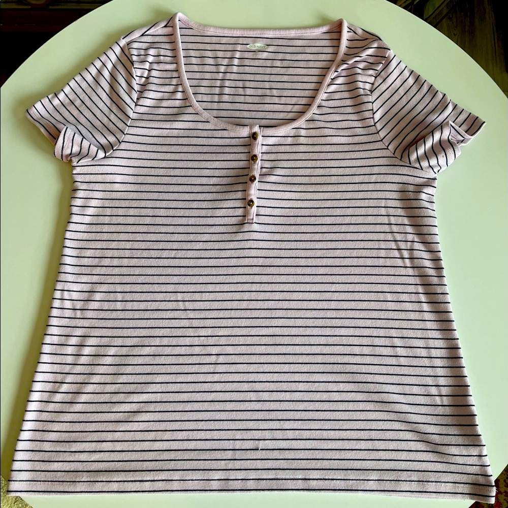 Old Navy Short Sleeve Pink & Navy Blue Striped Henley Top